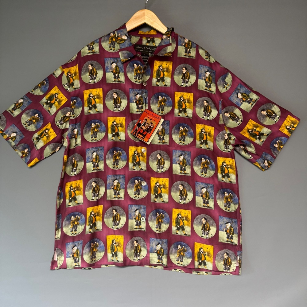 Guy Buffet Sportif Mens Large Silk Golf Novelty Print Button Down Shirt Burgundy